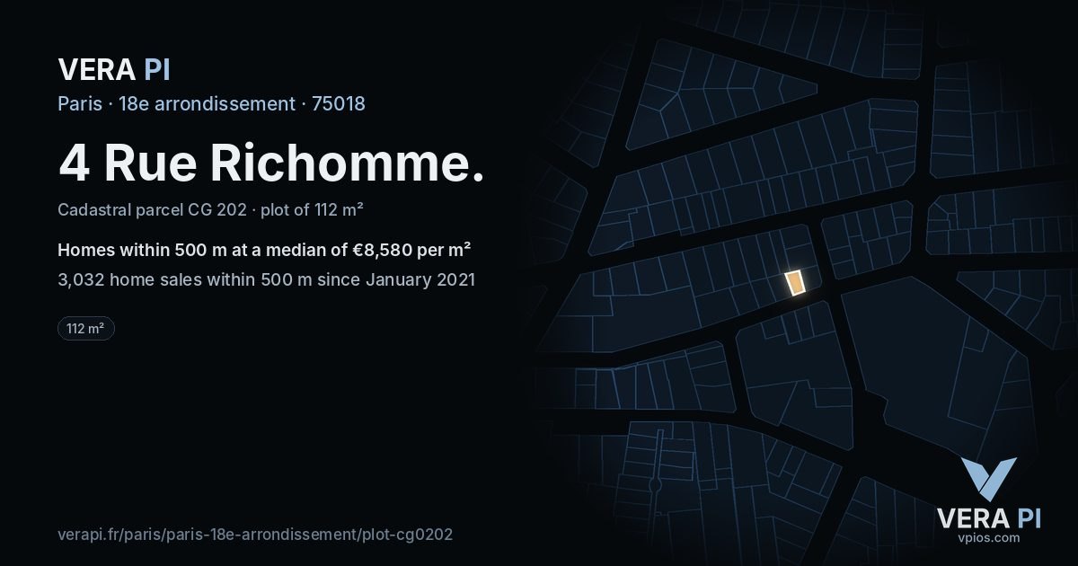 4 Rue Richomme, 18e arrondissement at night – the plot lit, the parcels around coloured by the prices near them