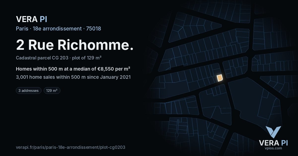 2 Rue Richomme, 18e arrondissement at night – the plot lit, the parcels around coloured by the prices near them