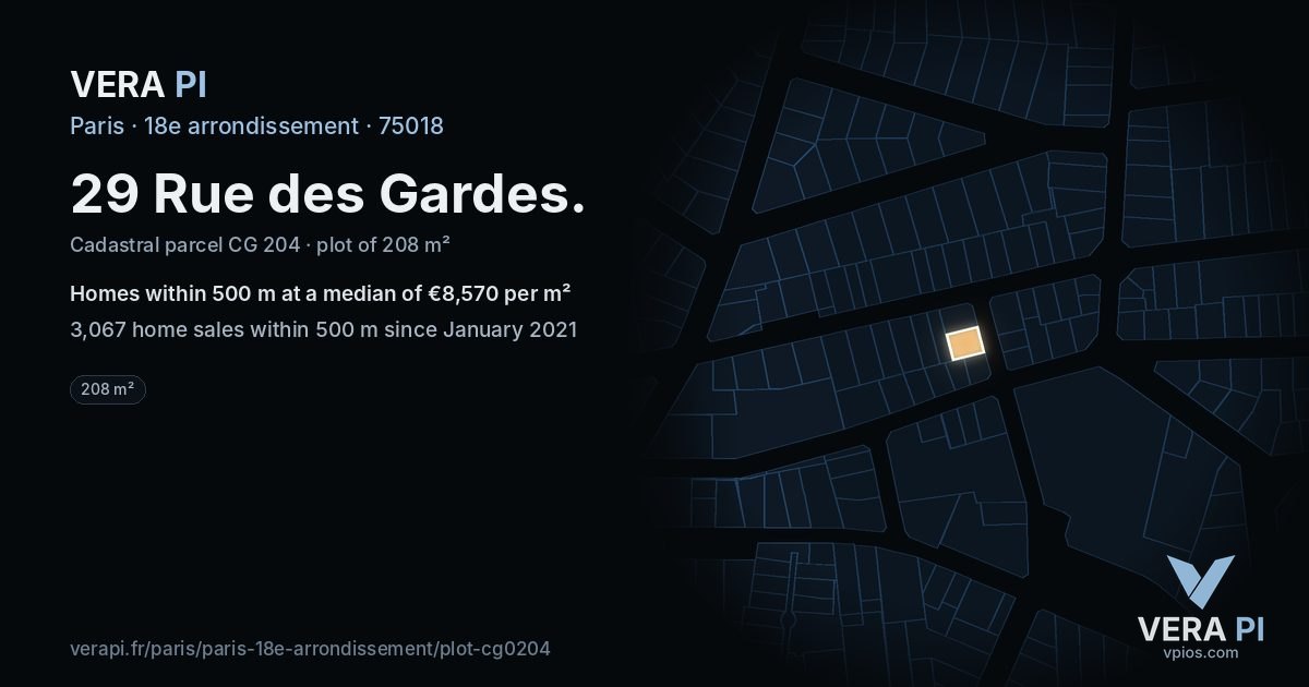 29 Rue des Gardes, 18e arrondissement at night – the plot lit, the parcels around coloured by the prices near them