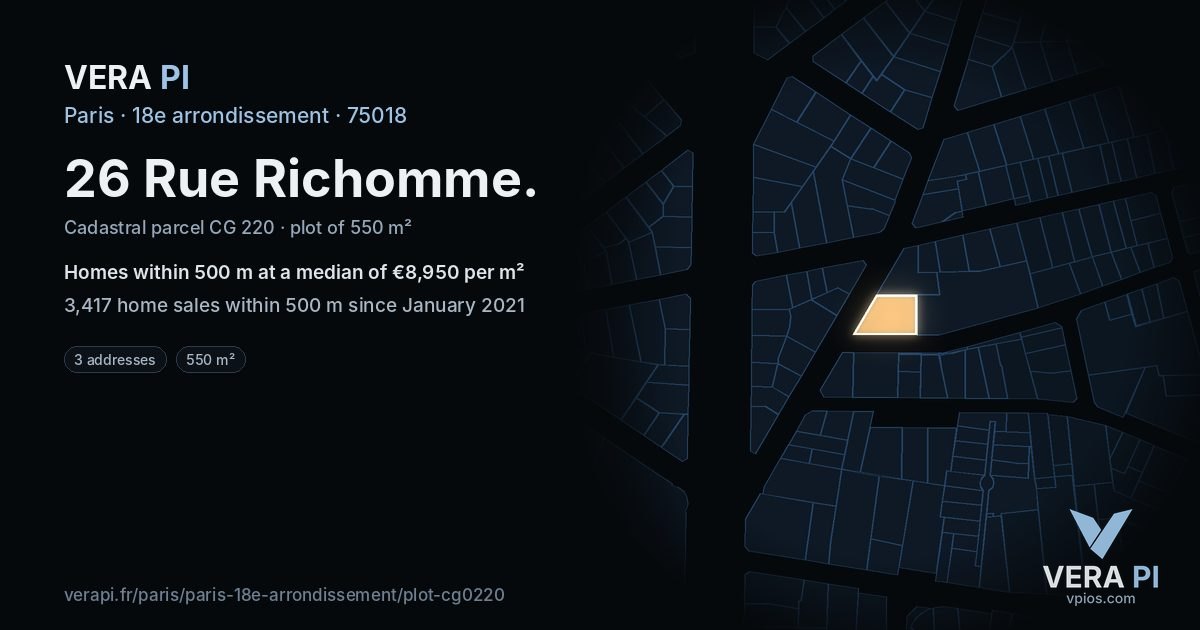 26 Rue Richomme, 18e arrondissement at night – the plot lit, the parcels around coloured by the prices near them
