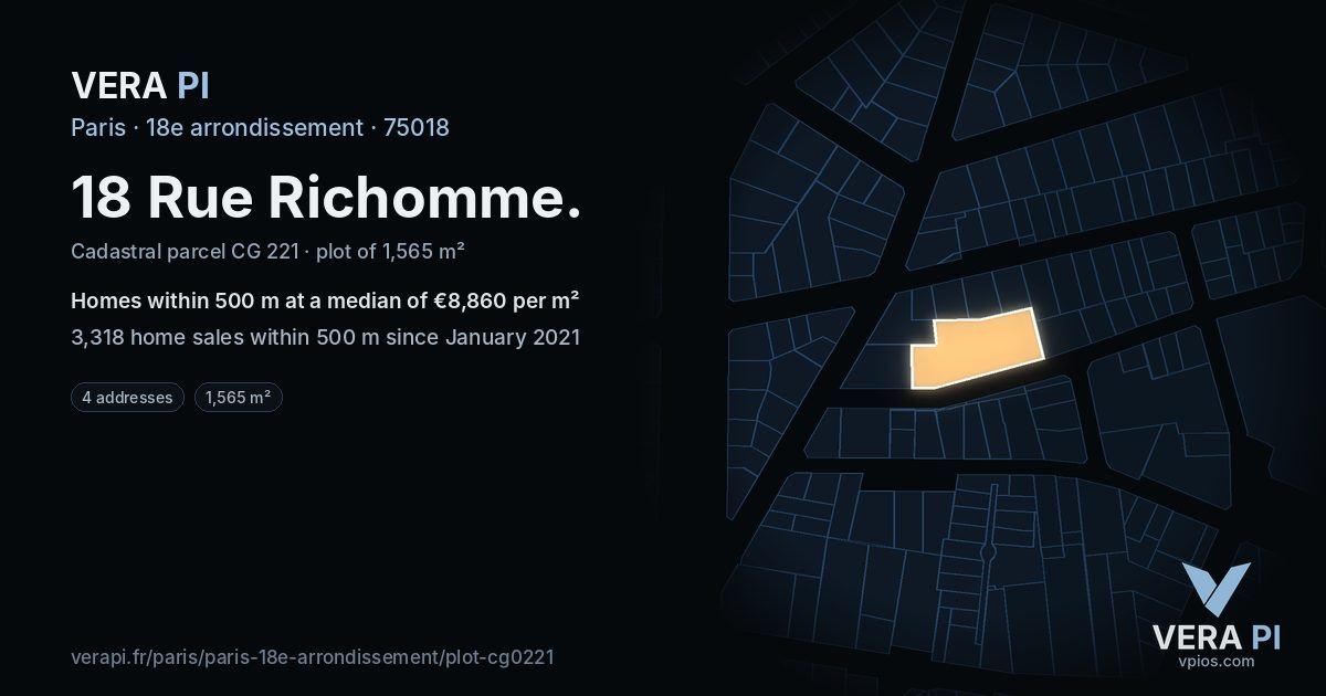 18 Rue Richomme, 18e arrondissement at night – the plot lit, the parcels around coloured by the prices near them