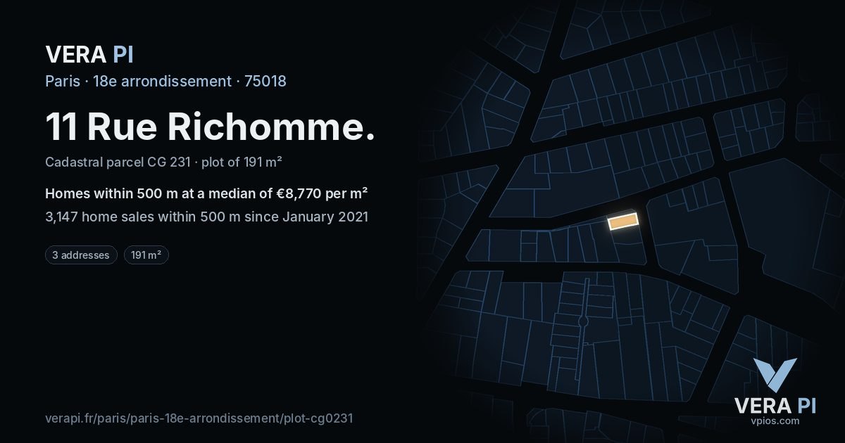 11 Rue Richomme, 18e arrondissement at night – the plot lit, the parcels around coloured by the prices near them