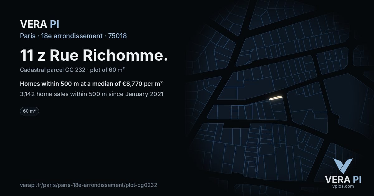 11 z Rue Richomme, 18e arrondissement at night – the plot lit, the parcels around coloured by the prices near them