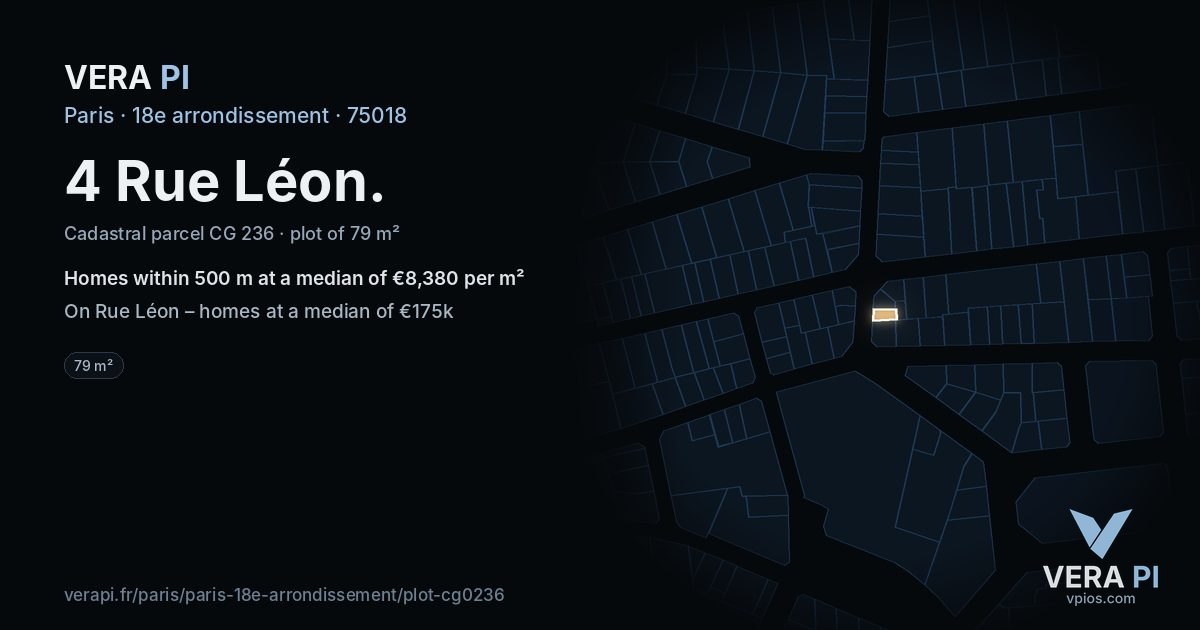4 Rue Léon, 18e arrondissement at night – the plot lit, the parcels around coloured by the prices near them