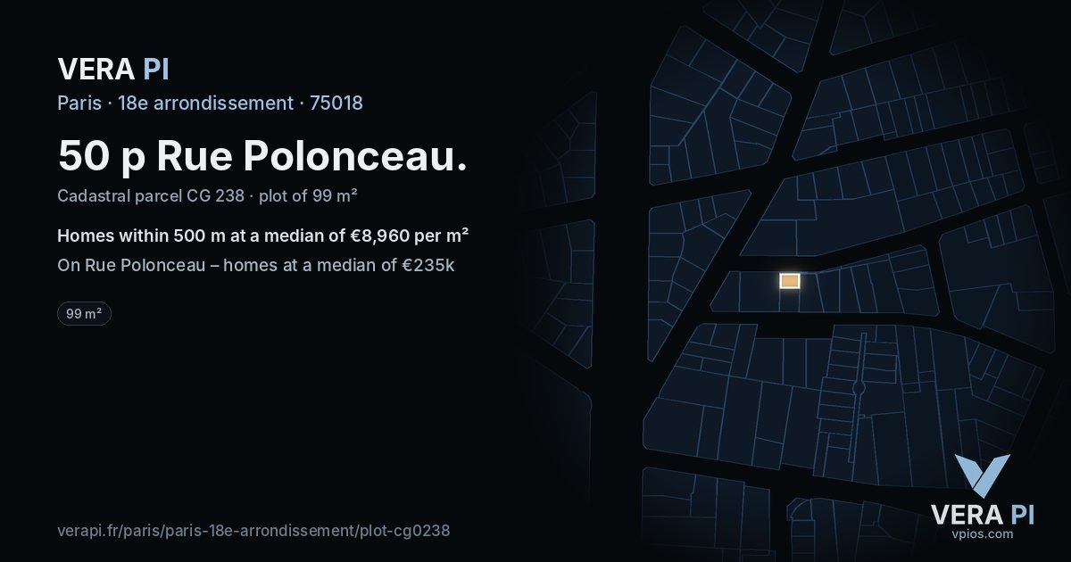 50 p Rue Polonceau, 18e arrondissement at night – the plot lit, the parcels around coloured by the prices near them