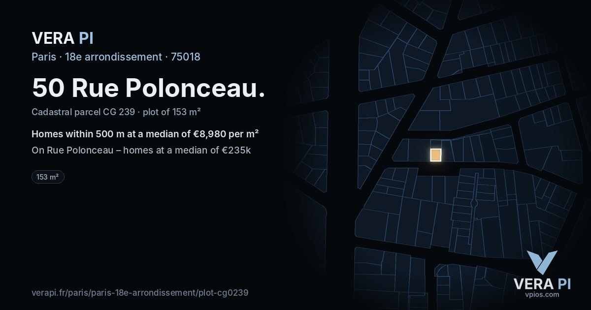 50 Rue Polonceau, 18e arrondissement at night – the plot lit, the parcels around coloured by the prices near them