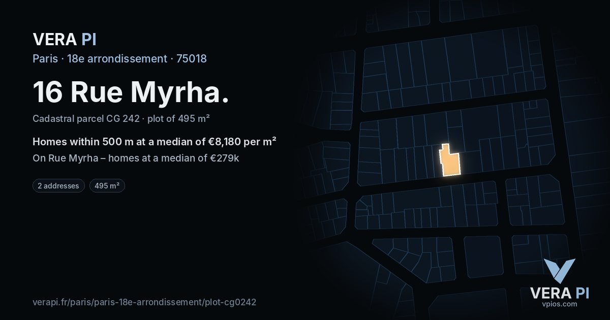 16 Rue Myrha, 18e arrondissement at night – the plot lit, the parcels around coloured by the prices near them