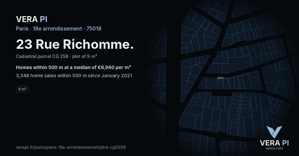 23 Rue Richomme, 18e arrondissement at night – the plot lit, the parcels around coloured by the prices near them