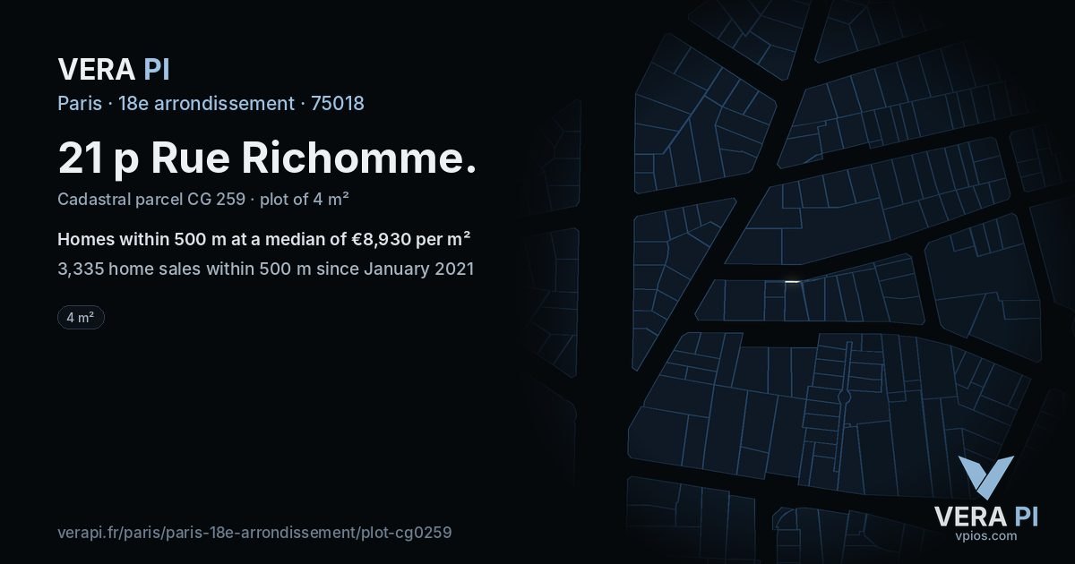 21 p Rue Richomme, 18e arrondissement at night – the plot lit, the parcels around coloured by the prices near them