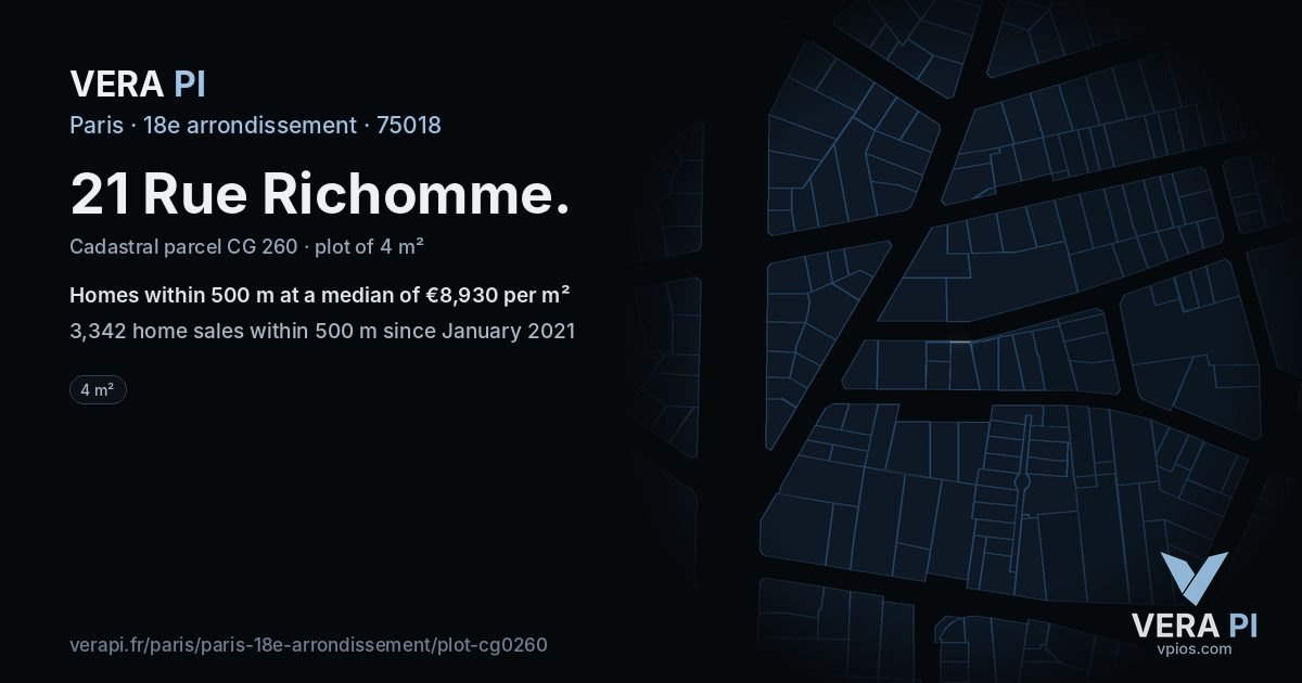 21 Rue Richomme, 18e arrondissement at night – the plot lit, the parcels around coloured by the prices near them