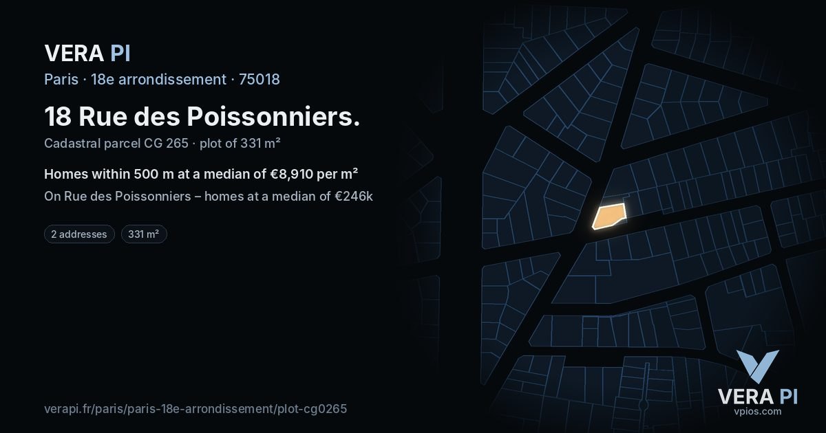 18 Rue des Poissonniers, 18e arrondissement at night – the plot lit, the parcels around coloured by the prices near them