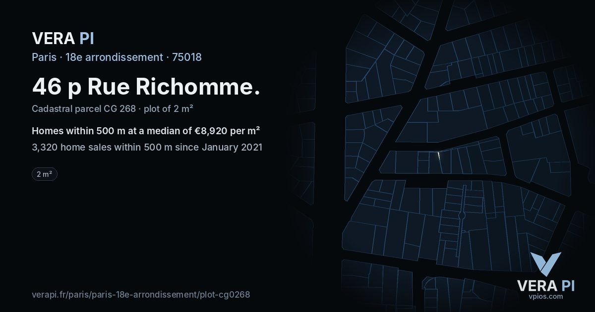 46 p Rue Richomme, 18e arrondissement at night – the plot lit, the parcels around coloured by the prices near them