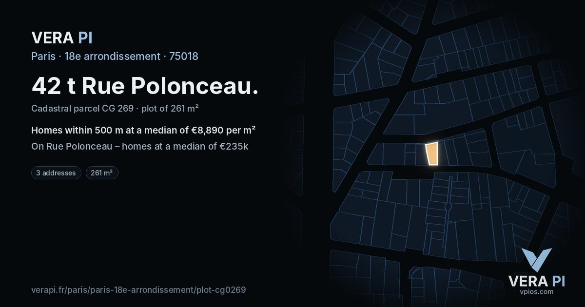 42 t Rue Polonceau, 18e arrondissement at night – the plot lit, the parcels around coloured by the prices near them