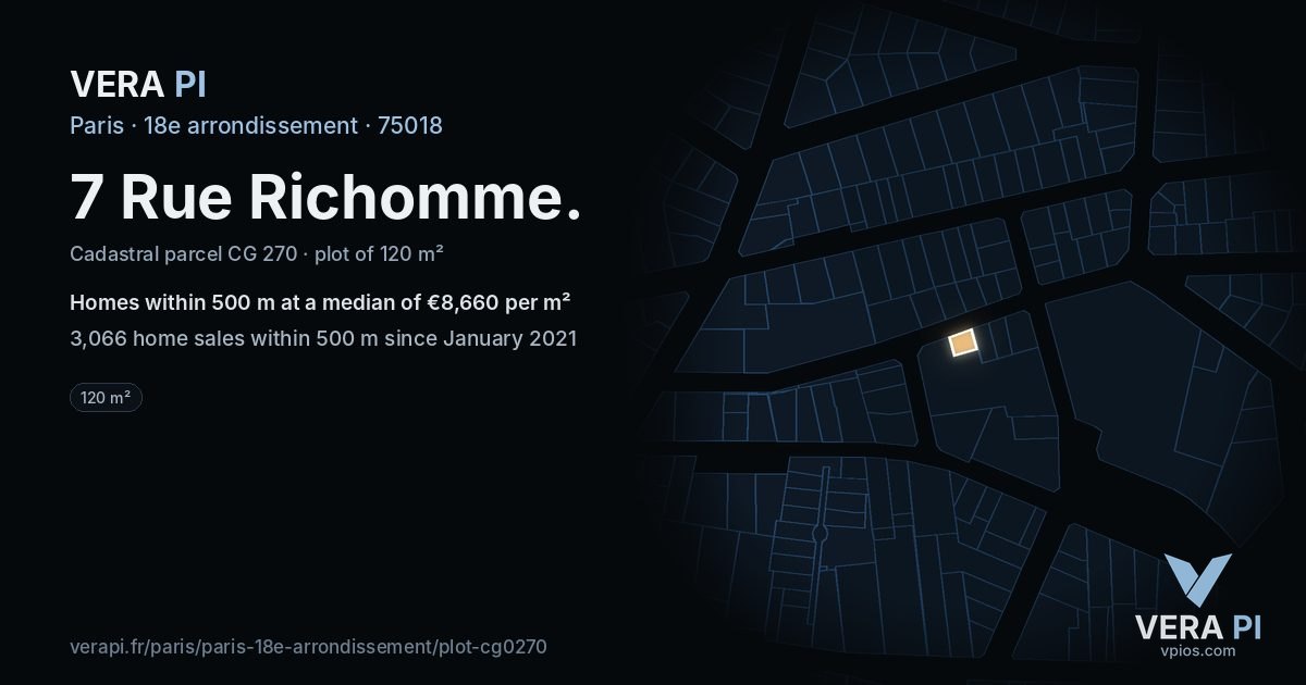 7 Rue Richomme, 18e arrondissement at night – the plot lit, the parcels around coloured by the prices near them
