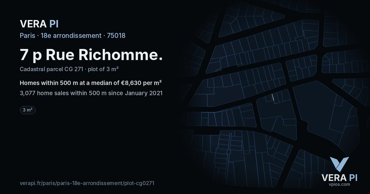 7 p Rue Richomme, 18e arrondissement at night – the plot lit, the parcels around coloured by the prices near them
