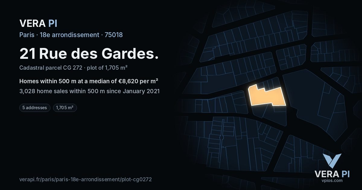 21 Rue des Gardes, 18e arrondissement at night – the plot lit, the parcels around coloured by the prices near them