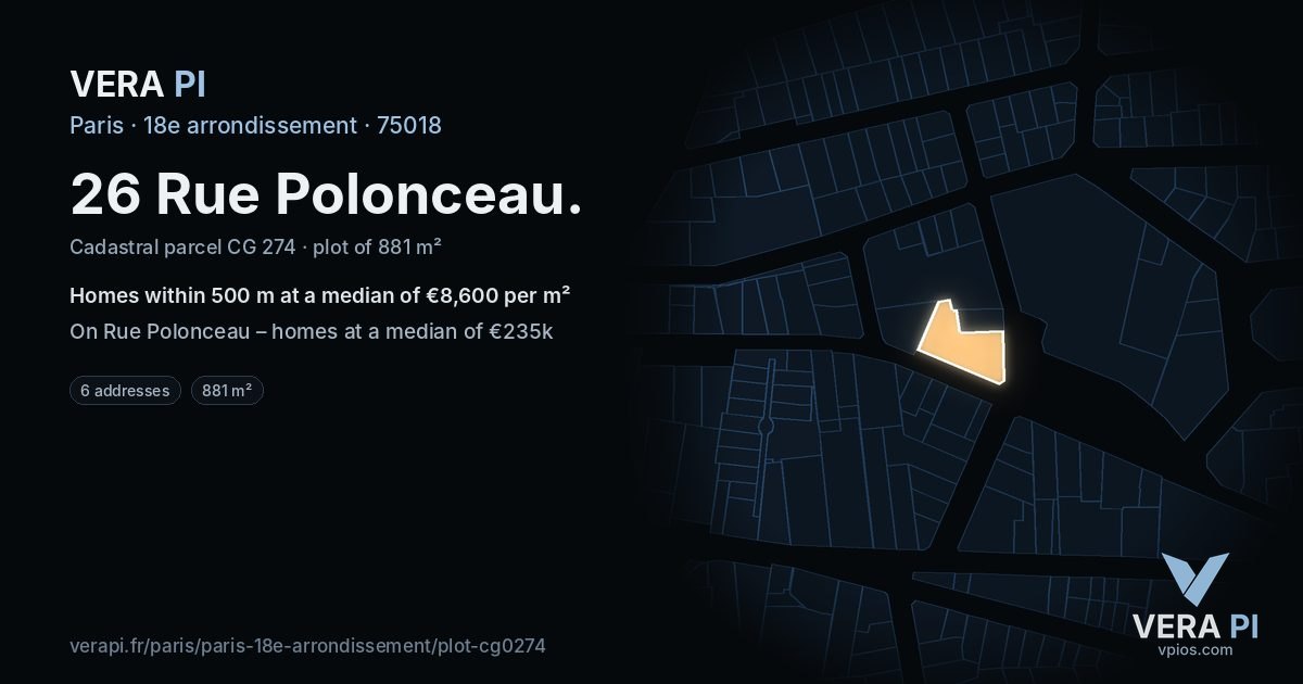 26 Rue Polonceau, 18e arrondissement at night – the plot lit, the parcels around coloured by the prices near them