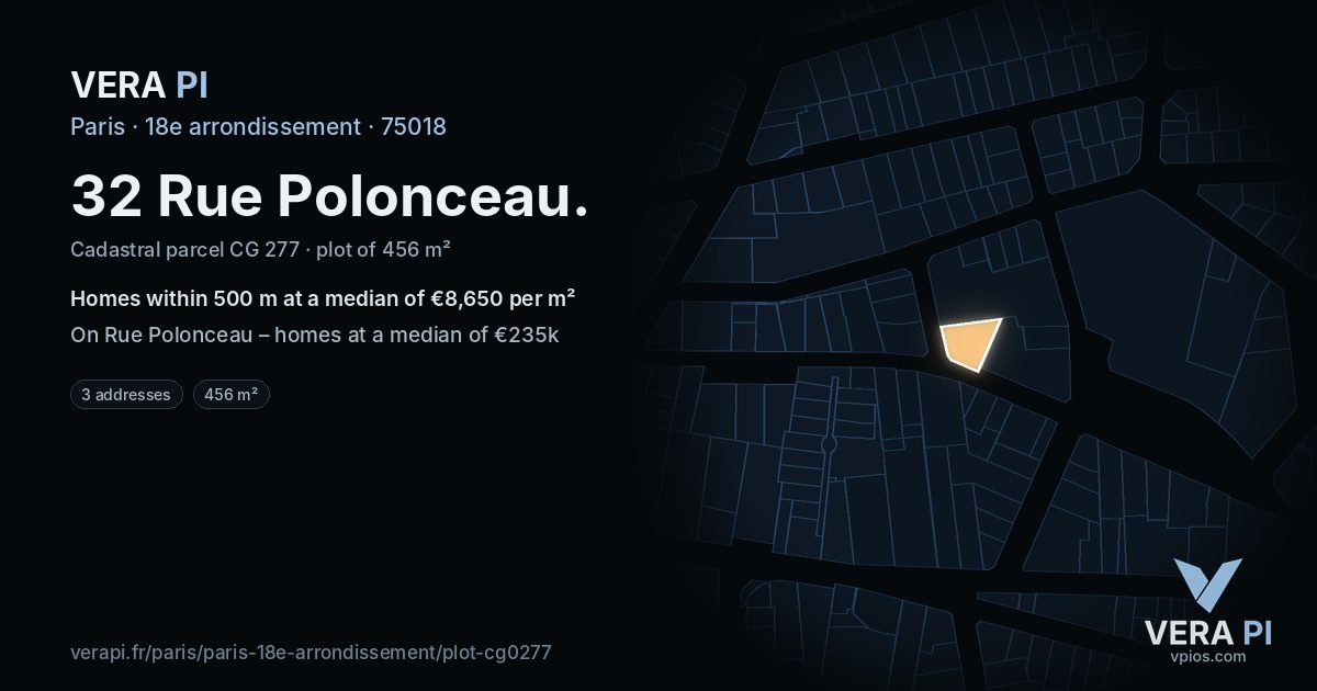 32 Rue Polonceau, 18e arrondissement at night – the plot lit, the parcels around coloured by the prices near them