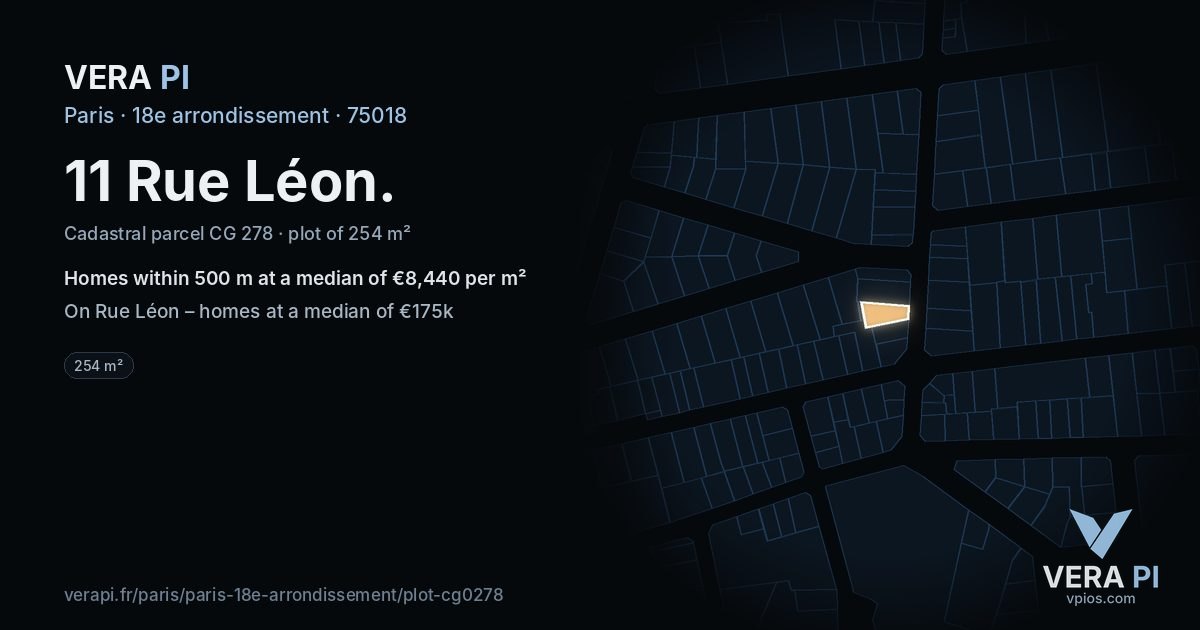 11 Rue Léon, 18e arrondissement at night – the plot lit, the parcels around coloured by the prices near them