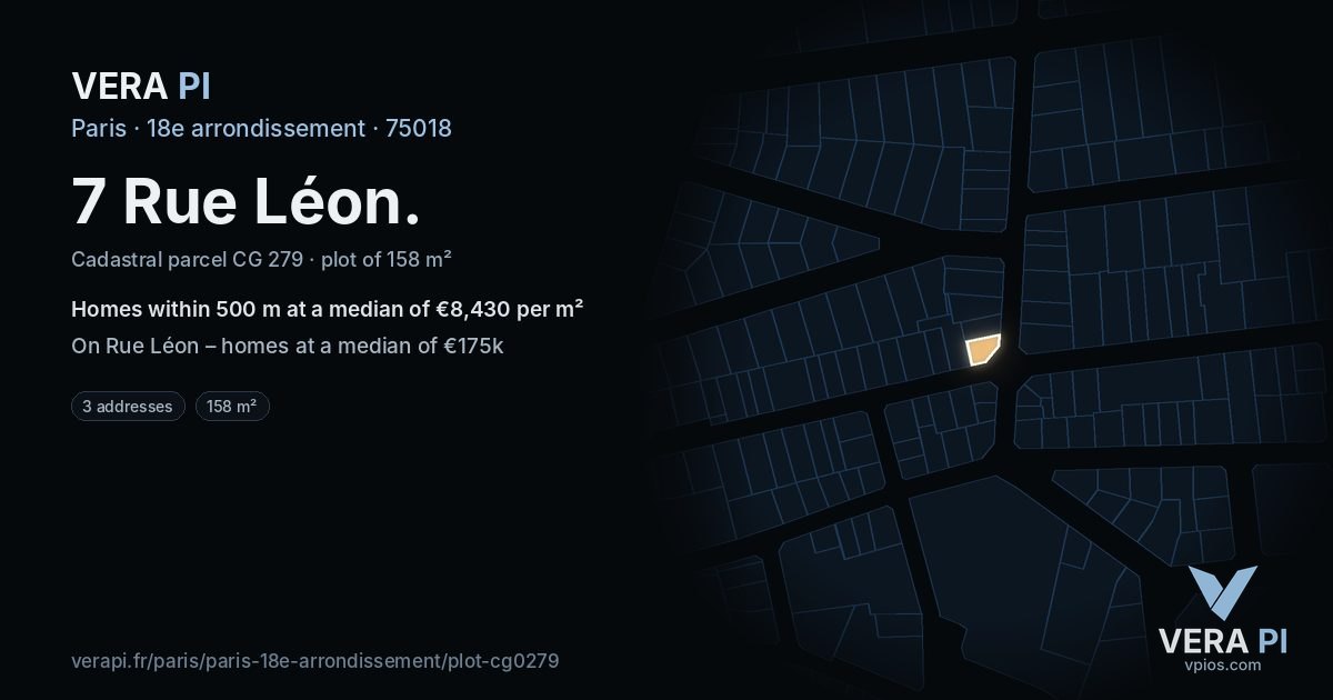 7 Rue Léon, 18e arrondissement at night – the plot lit, the parcels around coloured by the prices near them