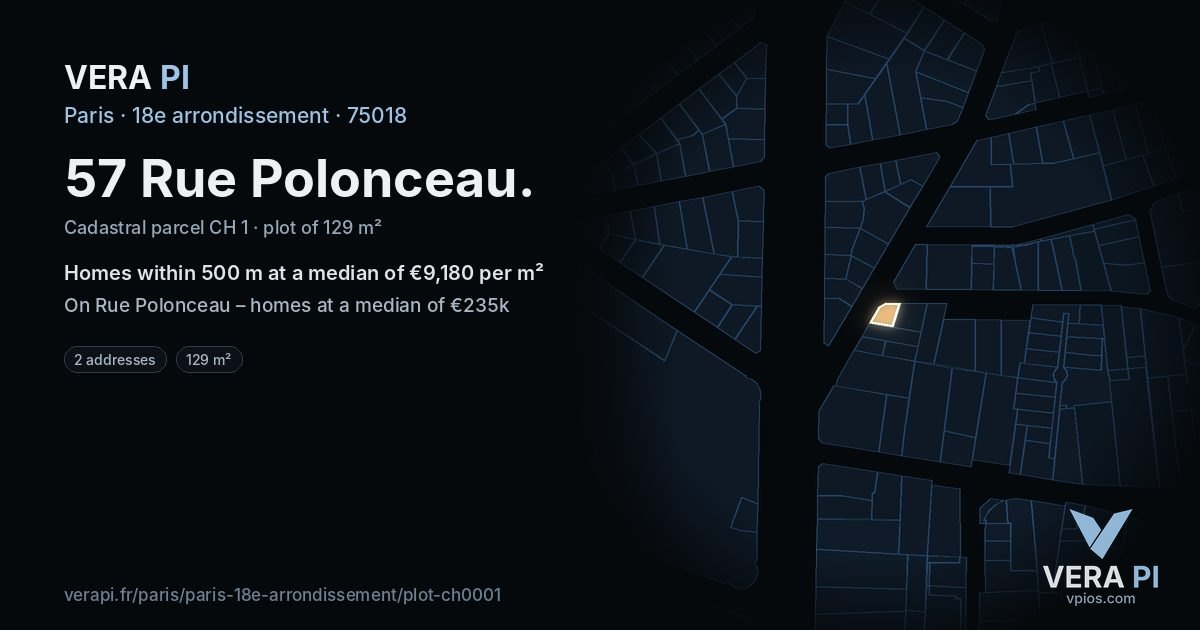 57 Rue Polonceau, 18e arrondissement at night – the plot lit, the parcels around coloured by the prices near them
