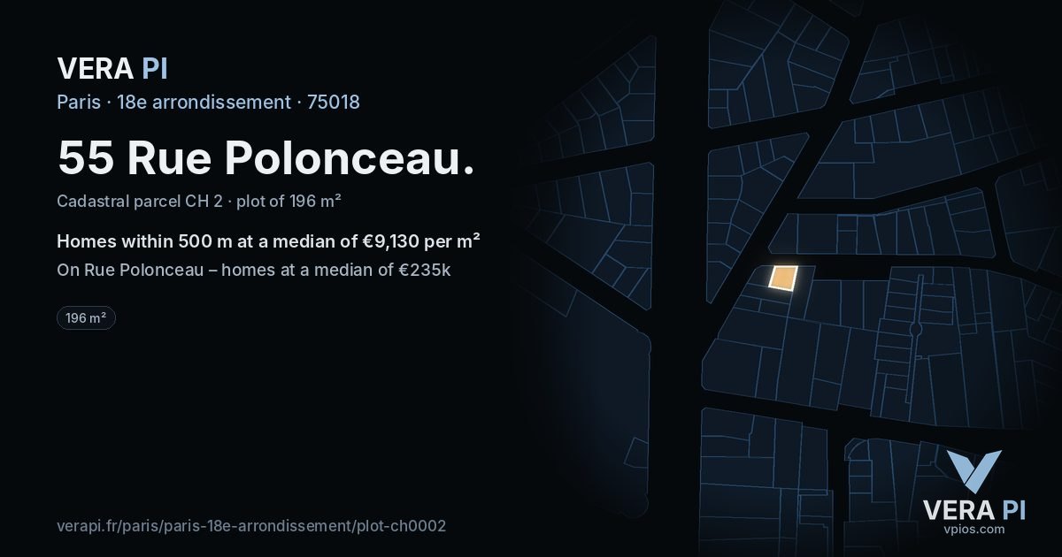 55 Rue Polonceau, 18e arrondissement at night – the plot lit, the parcels around coloured by the prices near them