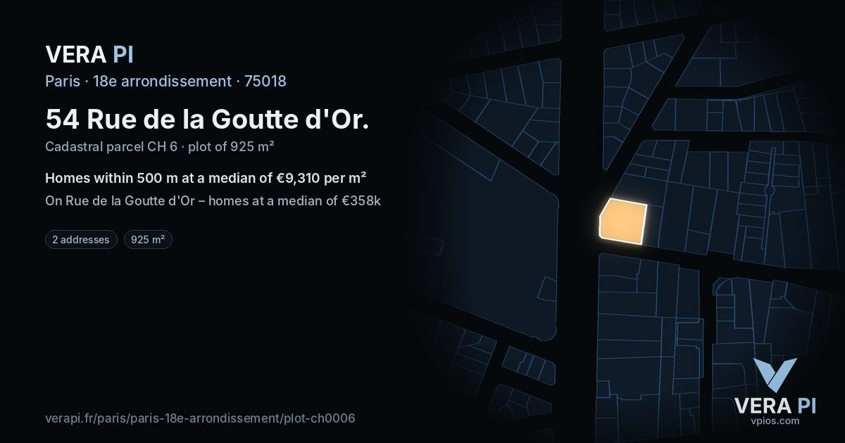 54 Rue de la Goutte d'Or, 18e arrondissement at night – the plot lit, the parcels around coloured by the prices near them