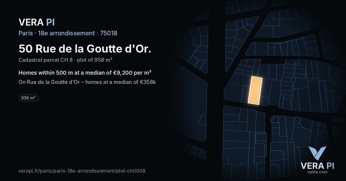50 Rue de la Goutte d'Or, 18e arrondissement at night – the plot lit, the parcels around coloured by the prices near them