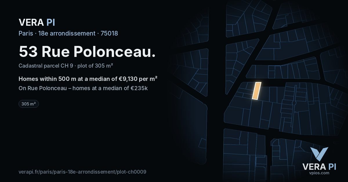 53 Rue Polonceau, 18e arrondissement at night – the plot lit, the parcels around coloured by the prices near them