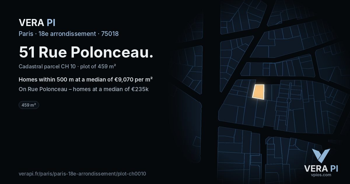 51 Rue Polonceau, 18e arrondissement at night – the plot lit, the parcels around coloured by the prices near them