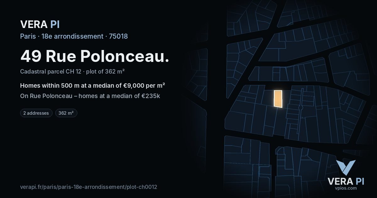49 Rue Polonceau, 18e arrondissement at night – the plot lit, the parcels around coloured by the prices near them
