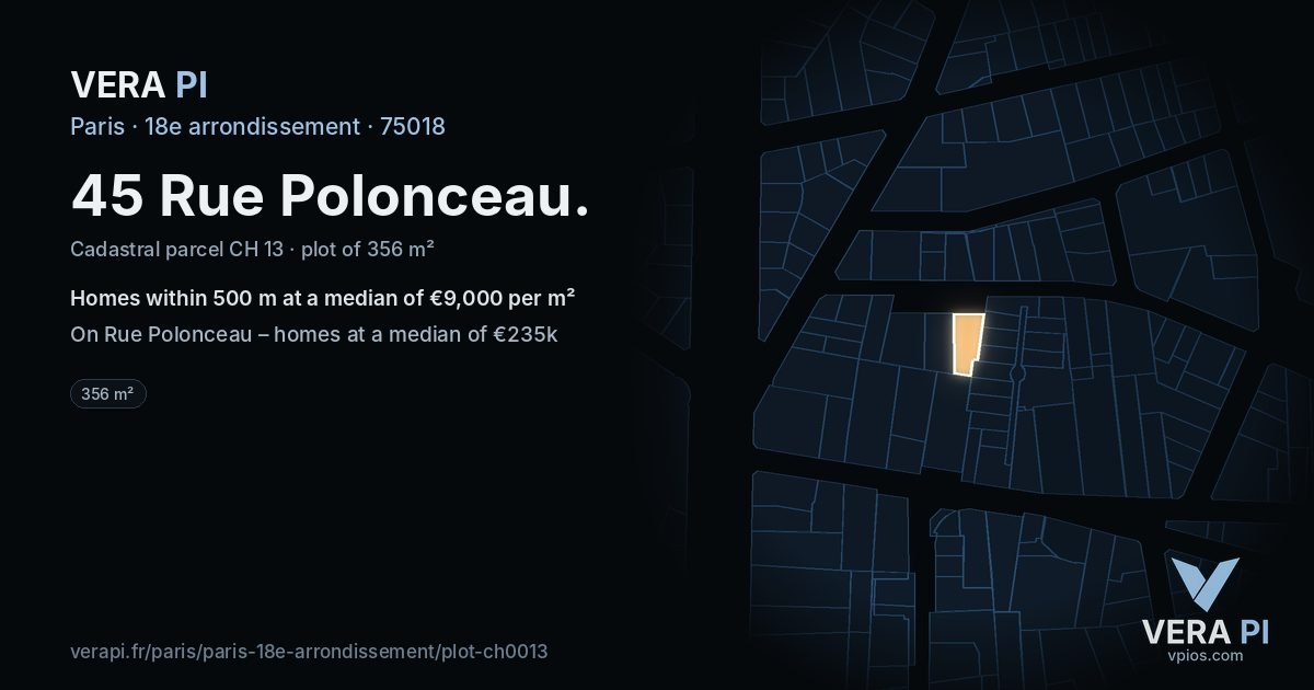 45 Rue Polonceau, 18e arrondissement at night – the plot lit, the parcels around coloured by the prices near them