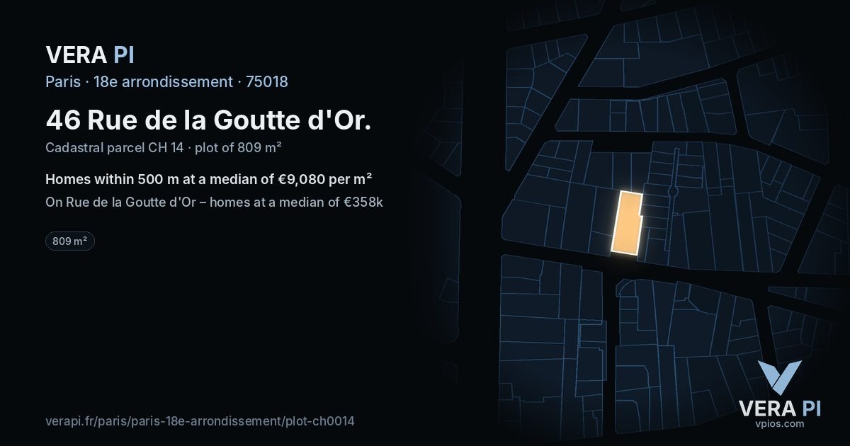 46 Rue de la Goutte d'Or, 18e arrondissement at night – the plot lit, the parcels around coloured by the prices near them