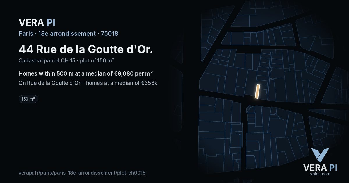 44 Rue de la Goutte d'Or, 18e arrondissement at night – the plot lit, the parcels around coloured by the prices near them