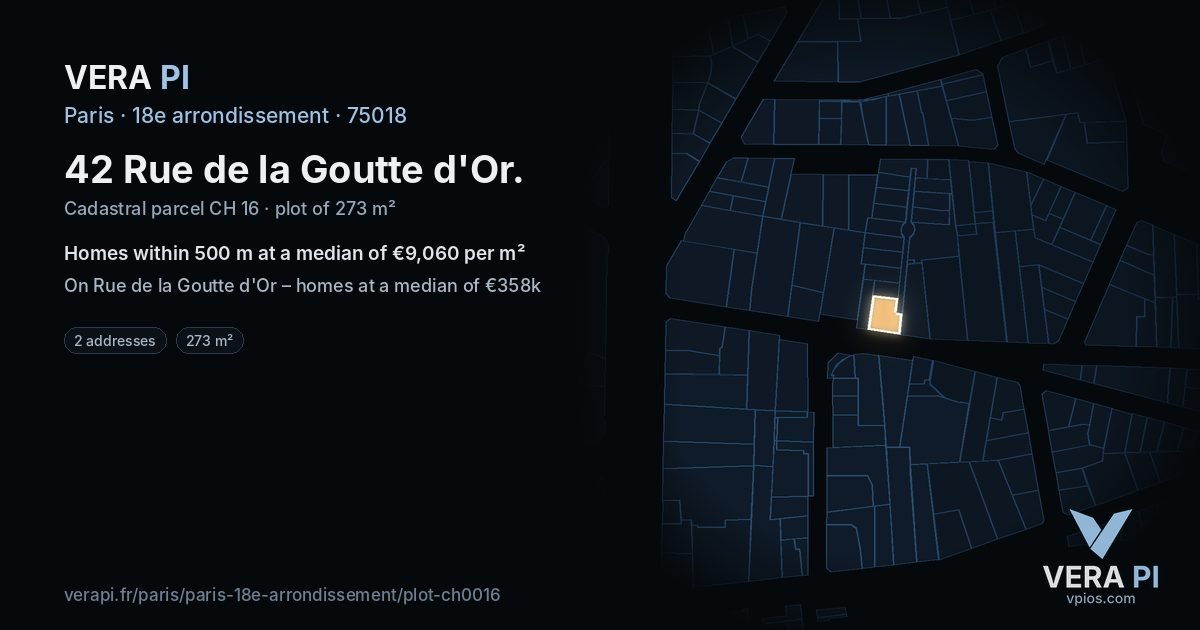 42 Rue de la Goutte d'Or, 18e arrondissement at night – the plot lit, the parcels around coloured by the prices near them
