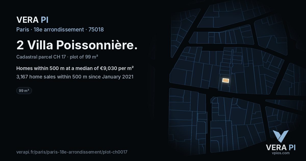 2 Villa Poissonnière, 18e arrondissement at night – the plot lit, the parcels around coloured by the prices near them