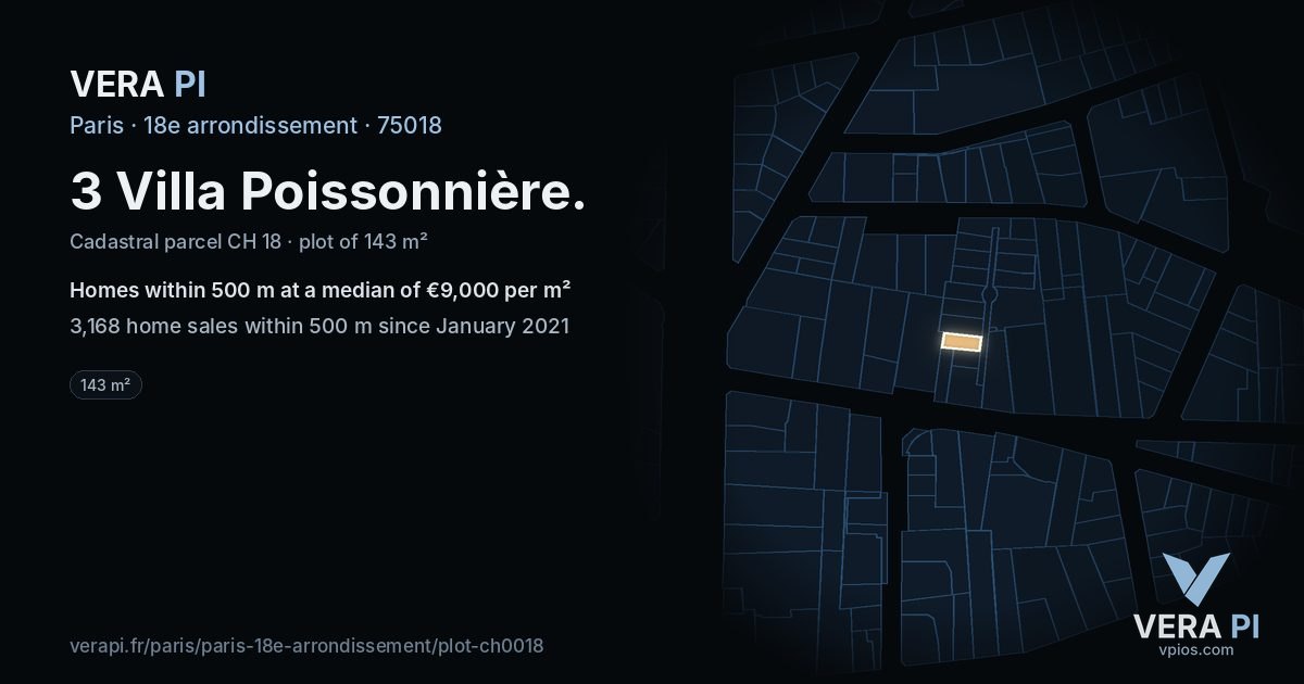 3 Villa Poissonnière, 18e arrondissement at night – the plot lit, the parcels around coloured by the prices near them