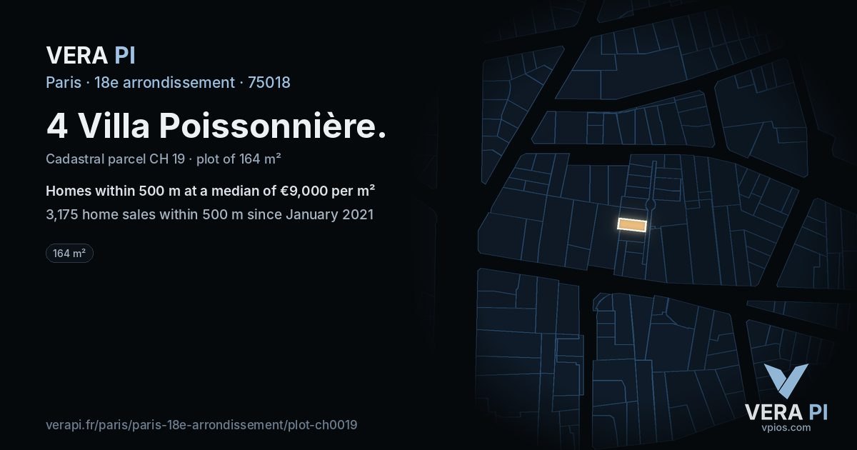 4 Villa Poissonnière, 18e arrondissement at night – the plot lit, the parcels around coloured by the prices near them