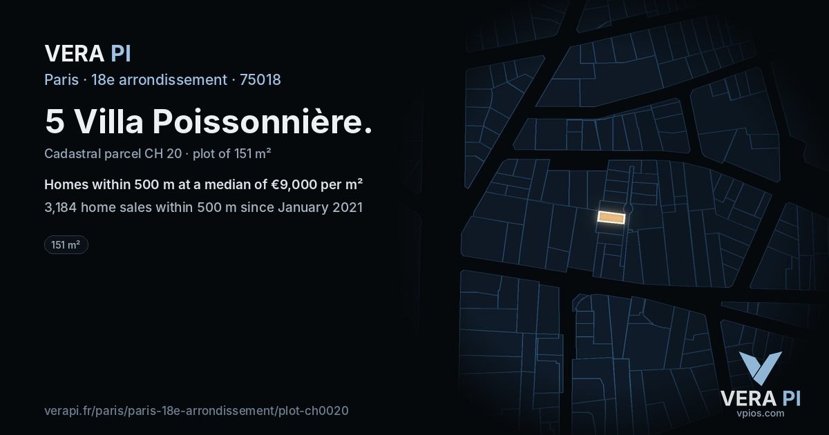 5 Villa Poissonnière, 18e arrondissement at night – the plot lit, the parcels around coloured by the prices near them