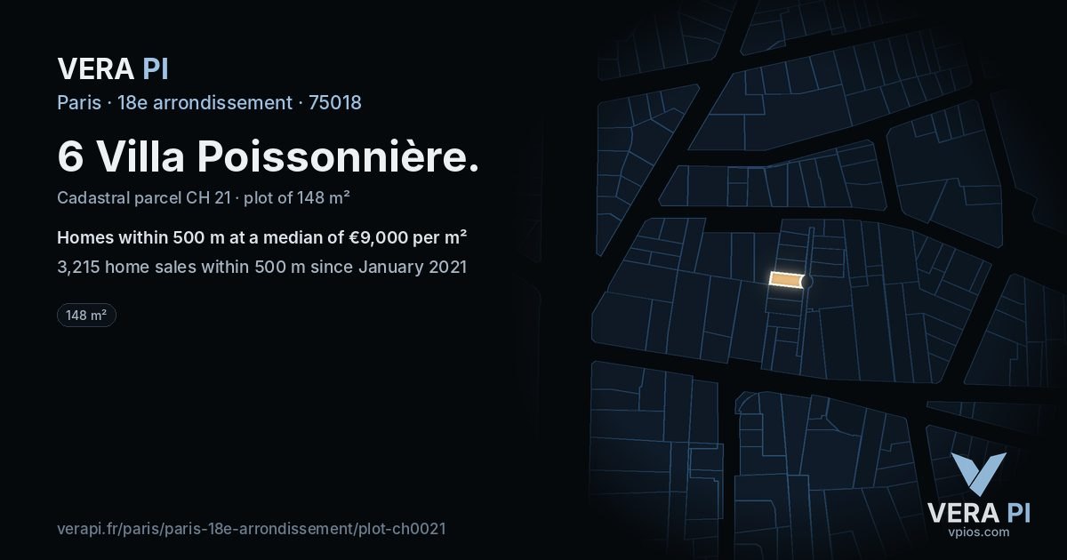 6 Villa Poissonnière, 18e arrondissement at night – the plot lit, the parcels around coloured by the prices near them