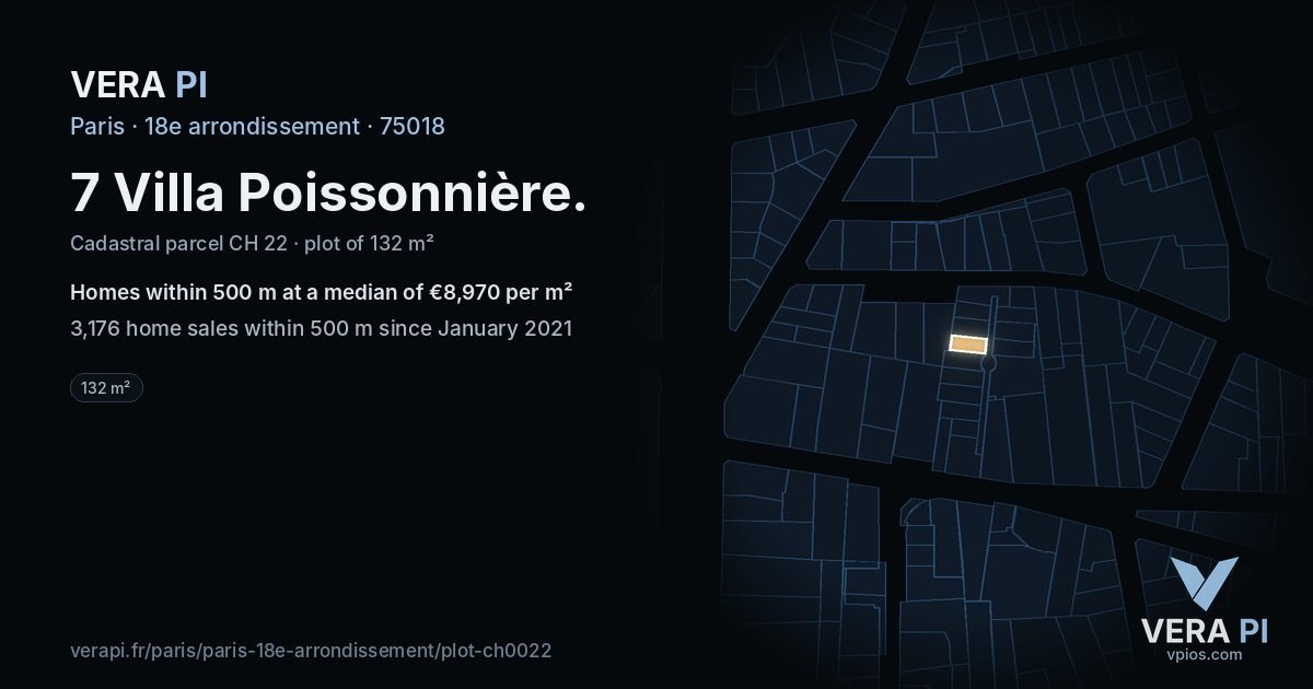 7 Villa Poissonnière, 18e arrondissement at night – the plot lit, the parcels around coloured by the prices near them