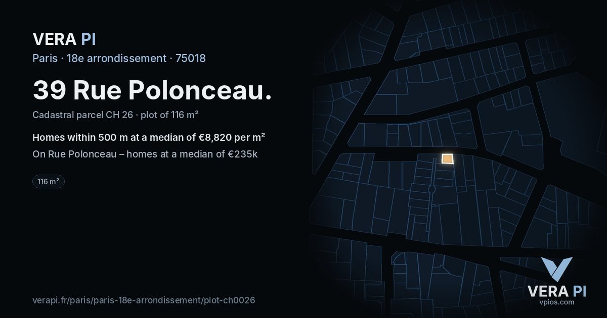 39 Rue Polonceau, 18e arrondissement at night – the plot lit, the parcels around coloured by the prices near them