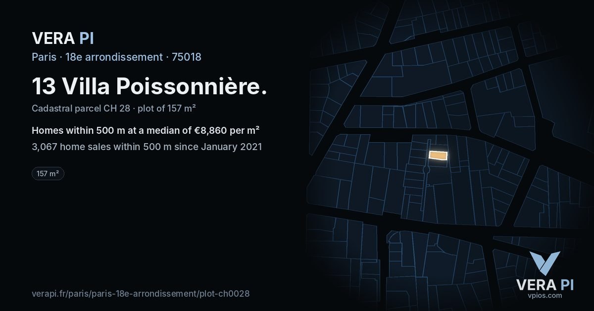 13 Villa Poissonnière, 18e arrondissement at night – the plot lit, the parcels around coloured by the prices near them