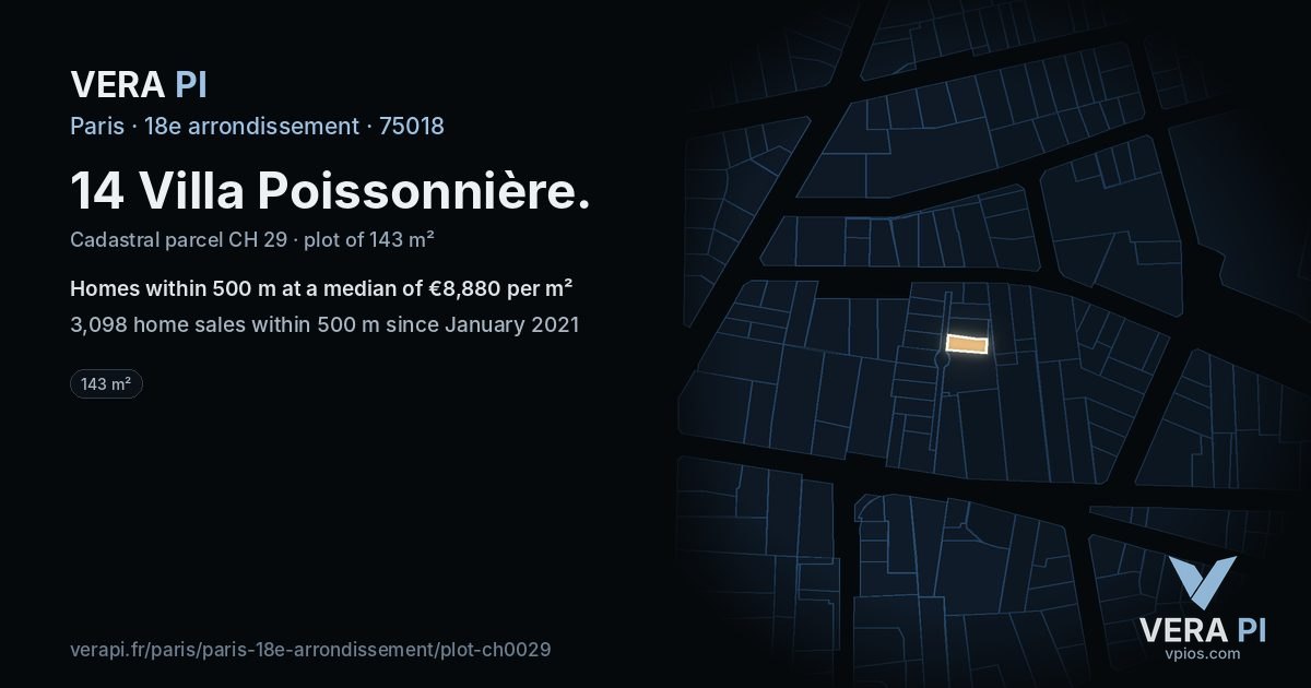 14 Villa Poissonnière, 18e arrondissement at night – the plot lit, the parcels around coloured by the prices near them