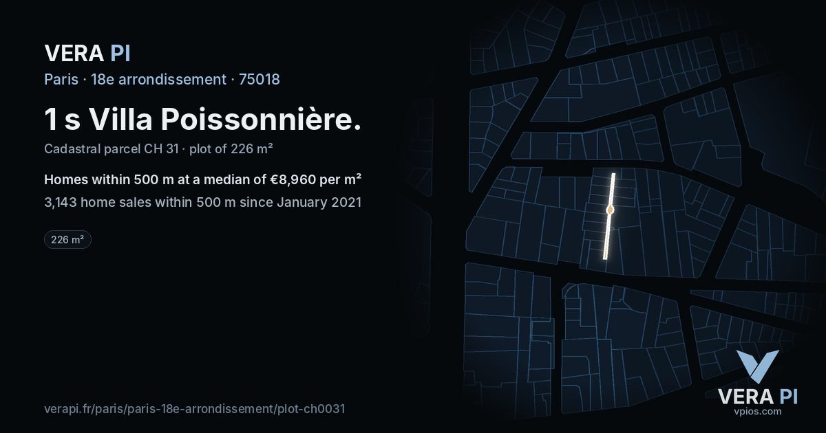 1 s Villa Poissonnière, 18e arrondissement at night – the plot lit, the parcels around coloured by the prices near them