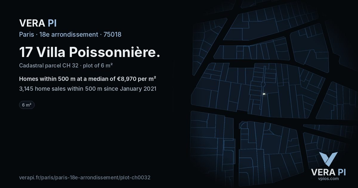 17 Villa Poissonnière, 18e arrondissement at night – the plot lit, the parcels around coloured by the prices near them