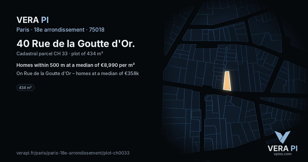 40 Rue de la Goutte d'Or, 18e arrondissement at night – the plot lit, the parcels around coloured by the prices near them