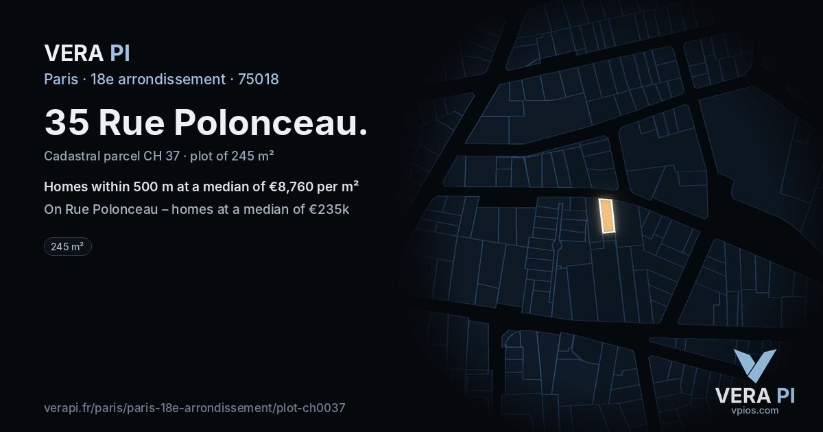 35 Rue Polonceau, 18e arrondissement at night – the plot lit, the parcels around coloured by the prices near them