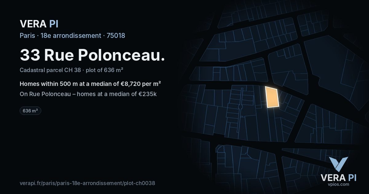 33 Rue Polonceau, 18e arrondissement at night – the plot lit, the parcels around coloured by the prices near them