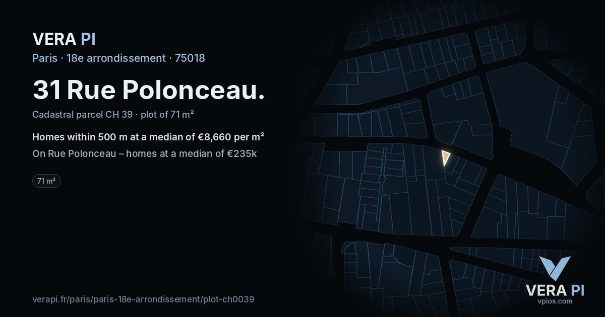 31 Rue Polonceau, 18e arrondissement at night – the plot lit, the parcels around coloured by the prices near them